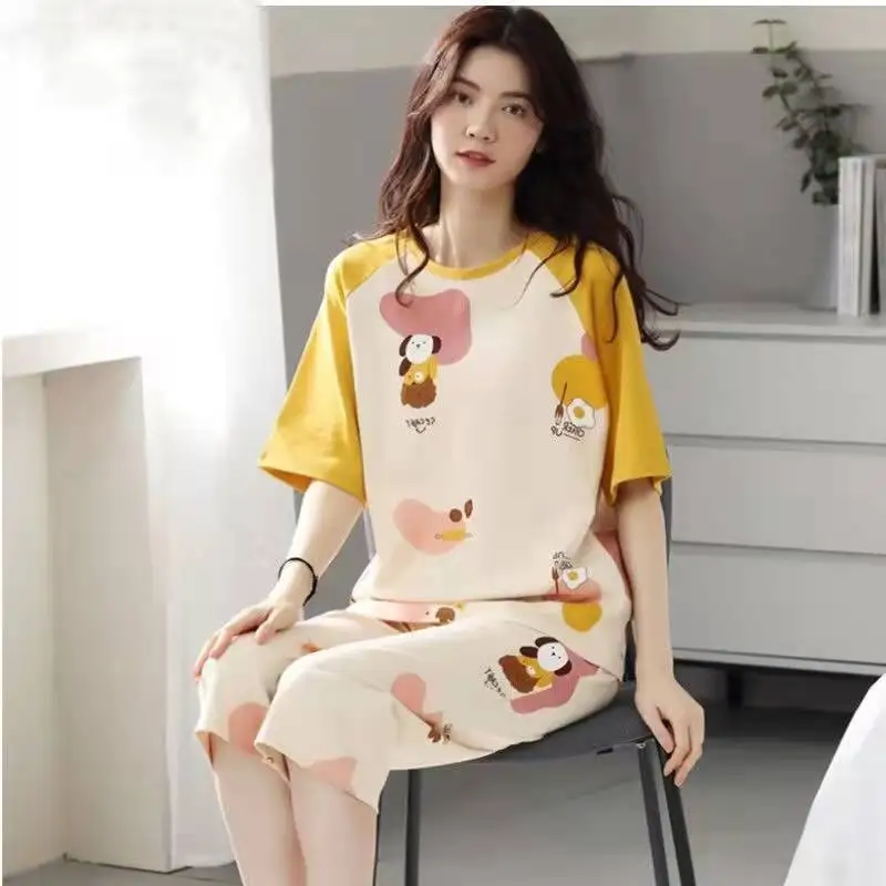 Summer Short Pajama Sets for Women Girls Fashion Faux Silk Sleepwear Students