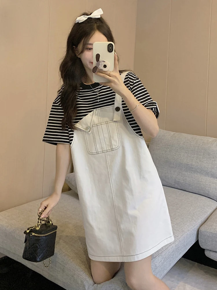 

Fake two pieces of straps stitched short sleeved dress for women in summer 2022 new design sense playful aging slim skirt