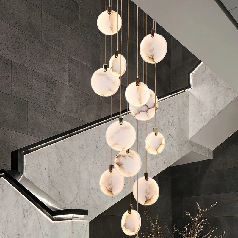 

Modern Marble Crystal LED Chandeliers For Staircase Living Room Luxury Round Cristal Hanging Lamps Villa Long Lighting Fixtures