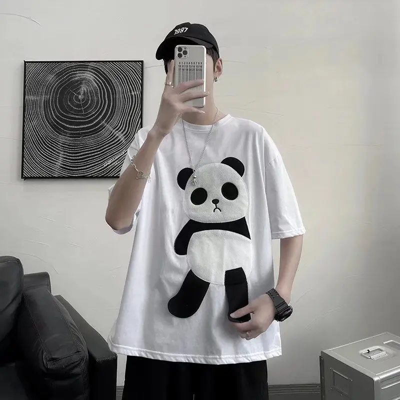 

Мужская футболка с коротким рукавом и вышивкой панды, Корейская версия, элегантный Свободный Повседневный Универсальный Белый Топ с коротким рукавом, лето 2023