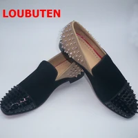 loubuten luxury brand mens fashion red bottom designer shoes high quality spikes loafers patchwork men dress shoes