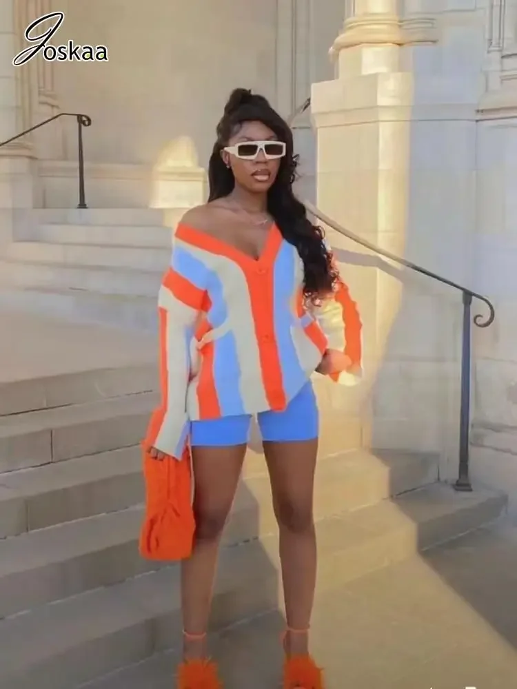 Joskaa полосатый лоскутный вязаный кардиган женский однобортный свитер с v-образным