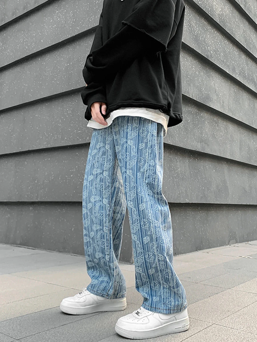YIHANKE Men's Jeans Style Cashew Flower Loose Straight Jacquard Trousers Fashion Streetwear Ins Hot Sale Y2K Men's Clothing