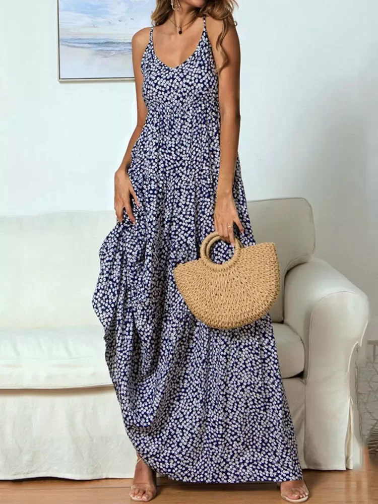 

2022New Boho Maxi Dress Women Viscose Party Long Floral Dress Bohemian Spaghetti Strap V Neck A Line Flower Dresses For Women
