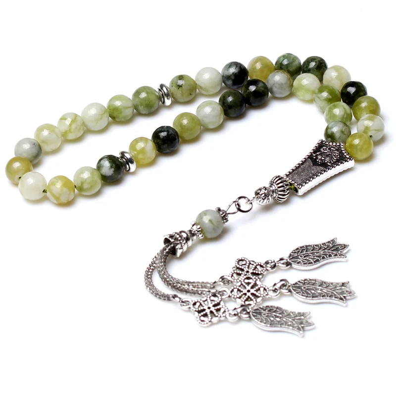 

8MM Celadon jade beads silver plated rose flowers tassel muslim tasbih prayer beads