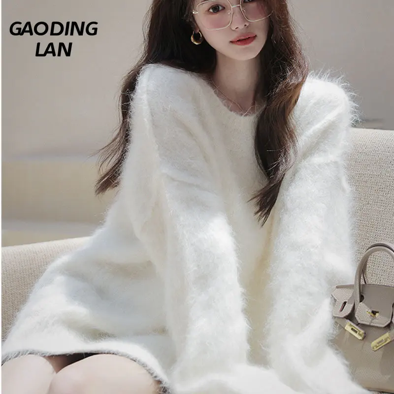 

GAODINGLAN Autumn Winter Solid Color Mink Velvet Long Sleeve Women Sweaters Large Size Round Neck Lazy Style Loose Knit Pullover