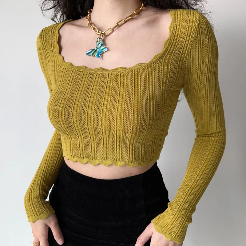 

WOMONGAGA Spring And Autumn Casual Trend Style Square Neck High Waist Hollow Knit Sweater Women's Slim Hot Girl Short Top 2XM5