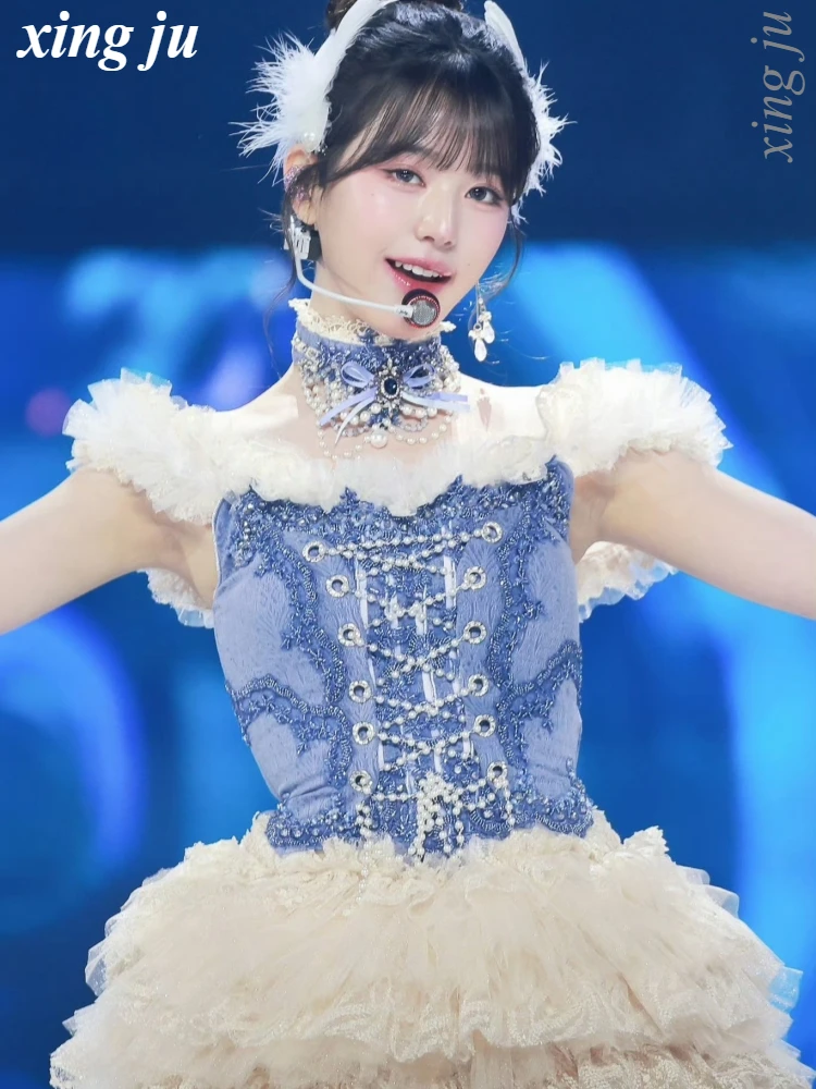 Фото Певица Kpop сценический танец без бретелек короткое платье принцессы женское групповое концертное джазовое танцевальное костюм фестивали одежда для выступлений №3