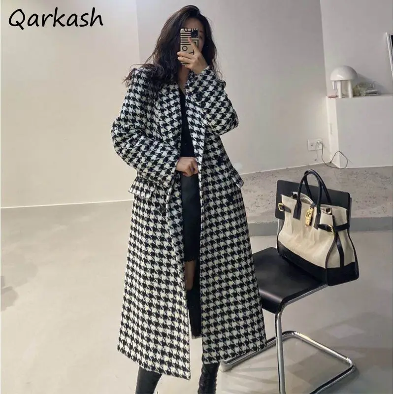 

Wool Blends Women Houndstooth Long Style Elegant Vintage Winter Temperament Double Breasted Overcoat Classic Outwear Feminine