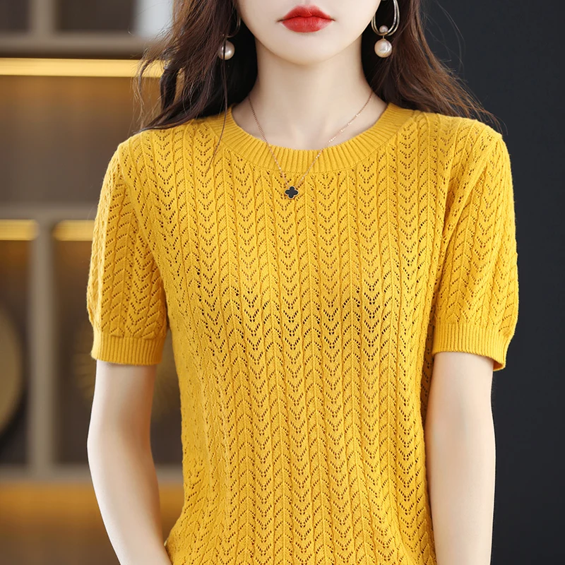

New Summer Short-Sleeved Cotton T-Shirt Women's Thin Section Loose And Thin Hollow Solid Color Knitted Sweater Foreign Style Top