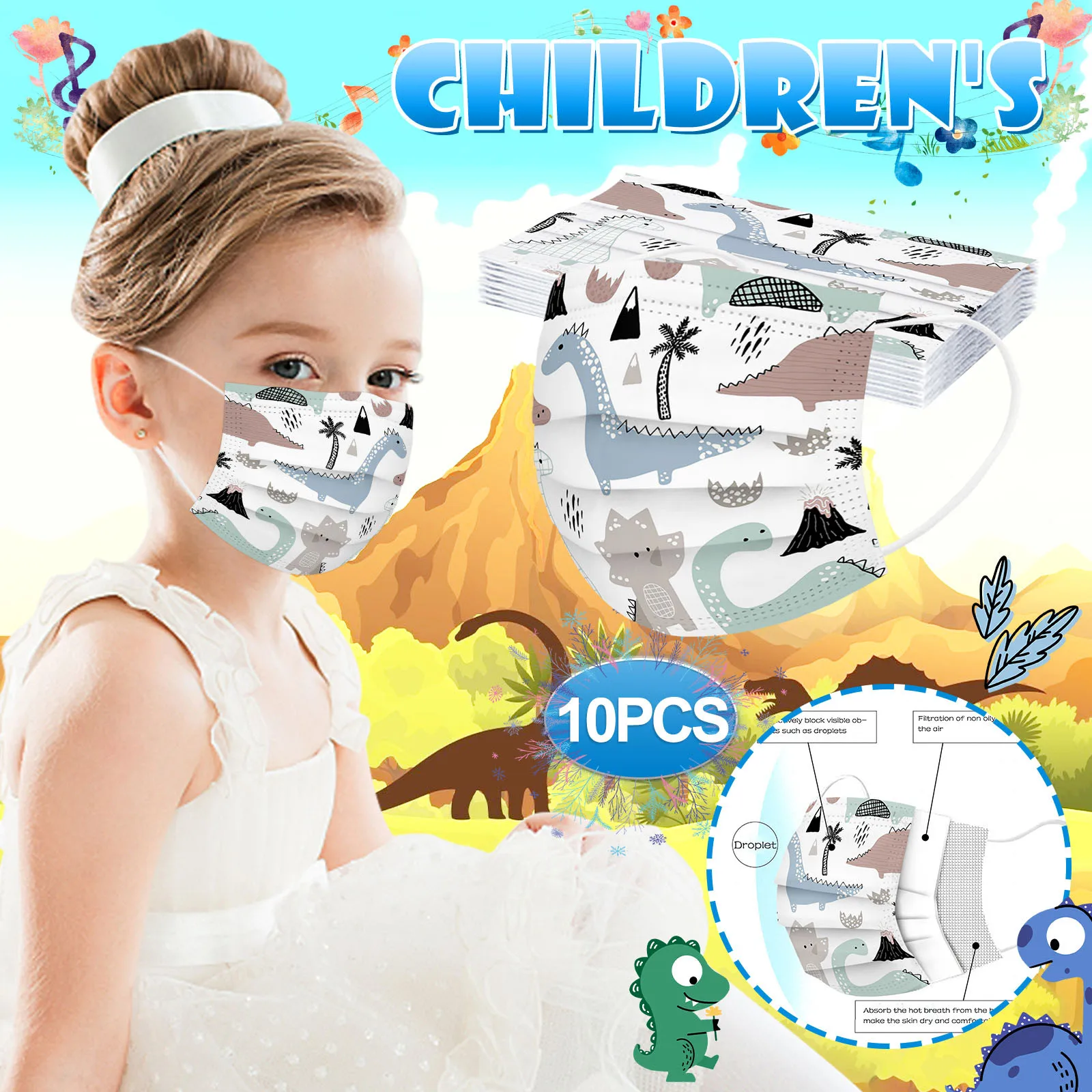 

Kids Children's Dinosaur Print Disposable Mask Mascarillasbreathable 3ply Earloop Mouth Mask Halloween Cosplay Facemask