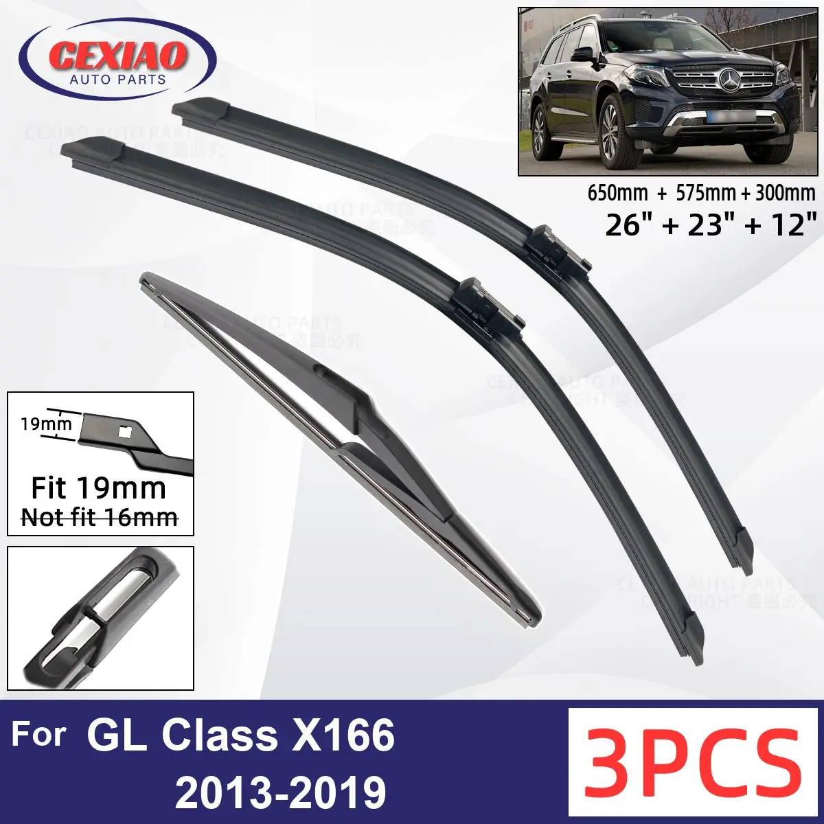 For Benz GL Class X166 2013-2019 Car Front Rear Wiper Blades Soft Rubber Windscreen Wipers Auto Windshield 26"+23"+12" 2017 2018