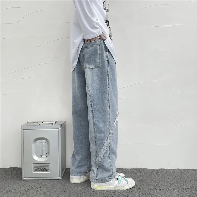 Splicing Jeans Men Korean Version of Loose Casual Straight Ins Tide Brand Y2K High Street Personality Drawstring Trousers Casual