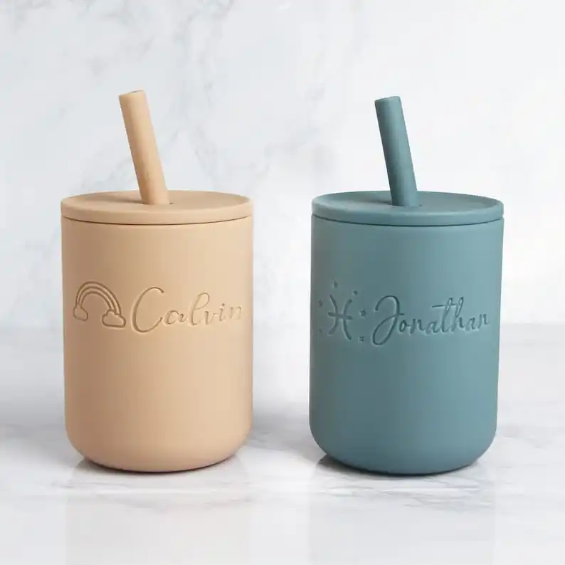 

Custom Name Silicone Sippy Cup with Straw for Baby 6+ Months No Spill Personalized Engraved Toddler Training Cup - 7oz