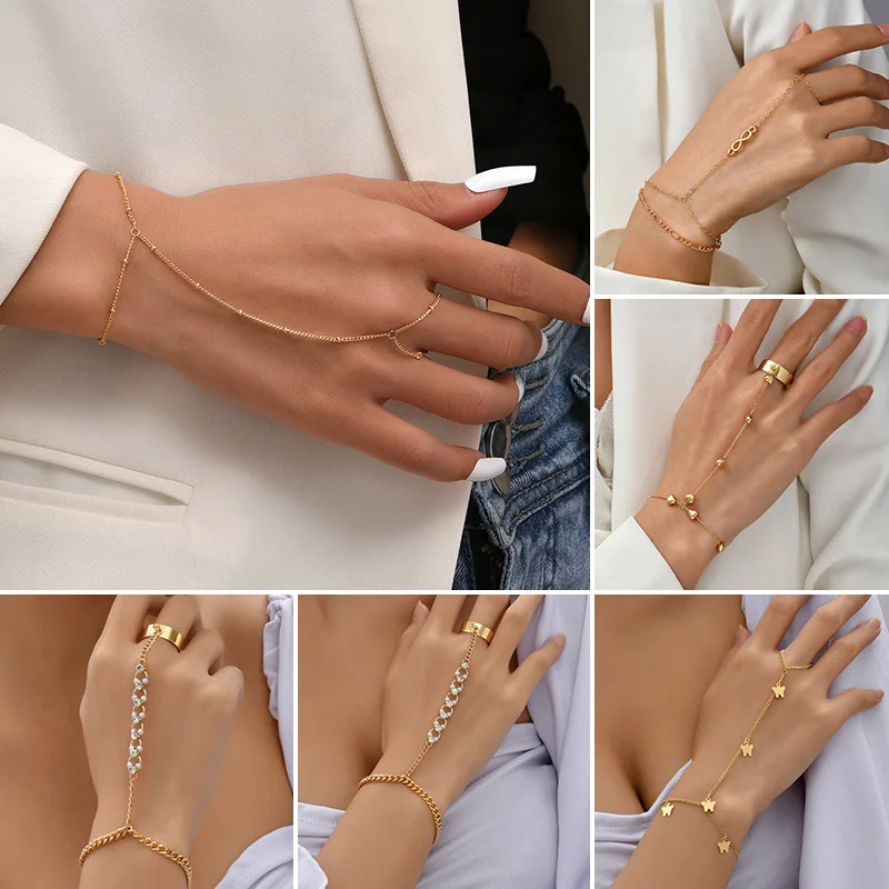 

Women's Bracelet Imitation Pearl Arrow Link Chain Gold Color Bracelet Connected Finger Ring Bangle Bracelets For Women Jewelry