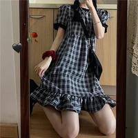 houzhou plaid mini dress women kawaii ruffle vintage short sleeve dress preppy style korean fashion puff sleeve summer 2022 robe