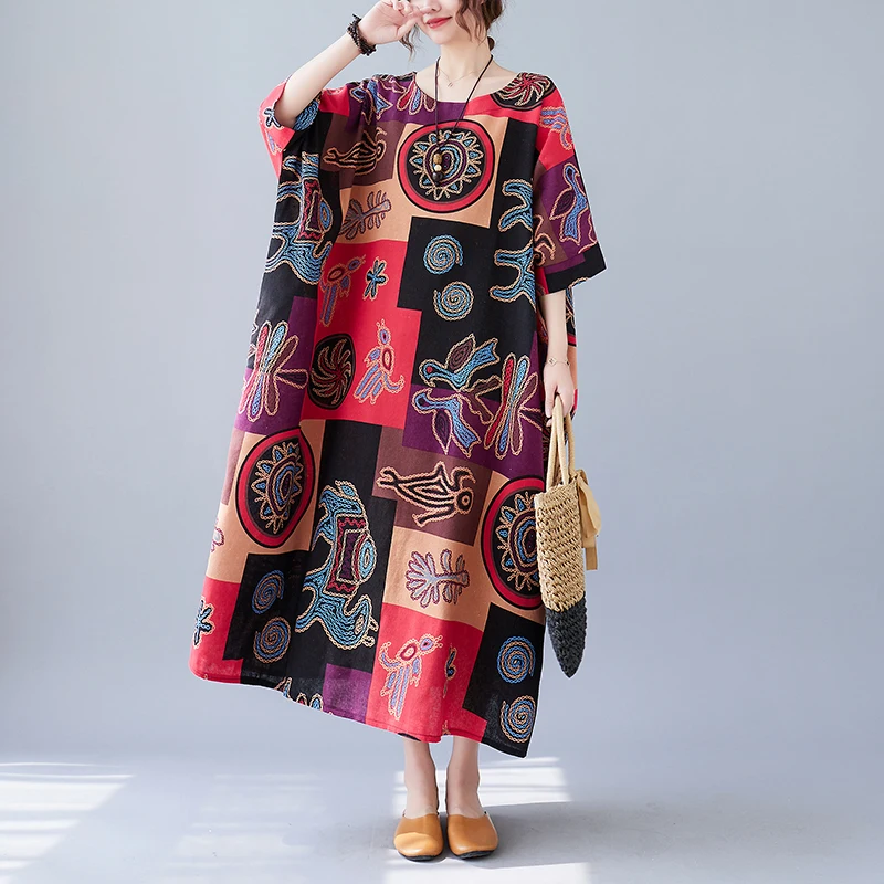 

Kaftan Dress 2022 Shegifts Women Summer Sundress Vintag Patchwork Printed Party Maxi Long Dress Oversized Baggy Retro Robe Femme