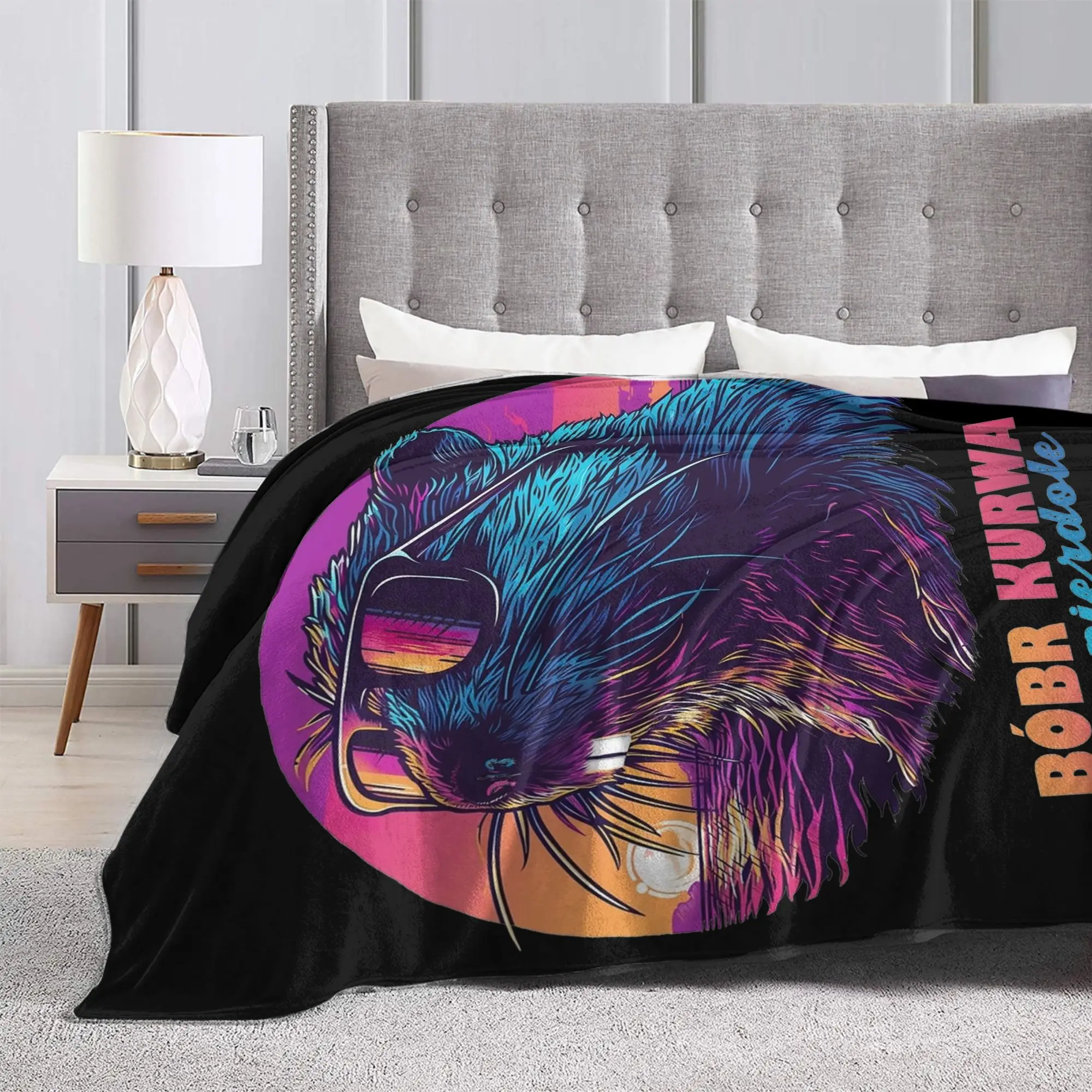 Фото Теплое мягкое одеяло Synthwave Polish Beaver Meme Ja pierdole Bobr Bober Kurwa, фланелевое покрывало для дивана, кровати №3