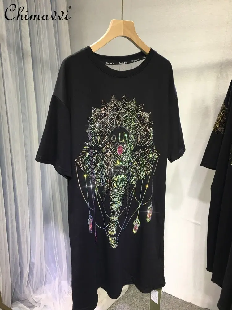 New Ladies European Fashion Elegant Embroidery Hot Drilling T-shirt Women's Light Luxury Trendy Mid-Length Short Sleeve Tops