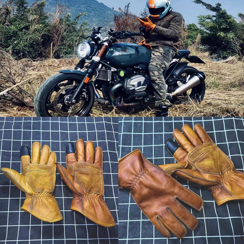 Handmade Vintage Leather Motorcycle Racing Glove Guantes Moto Luvas Full Finger Motocross MTB Biker Gloves Touchscreen Glove enlarge