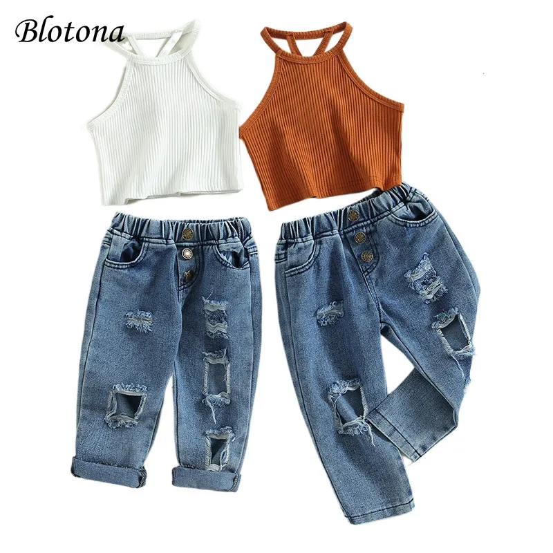 

Blotona Kids Girls Pants Set, Sleeveless Camisole with Elastic Waist Ripped Jeans Summer Outfit 18Months-6Years