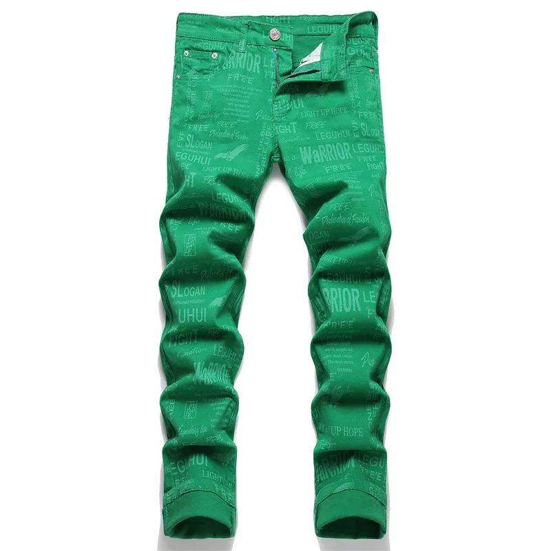 

Men Green Digital Printed Jeans Y2K Letters Slogan Eagle Pattern Pants Streetwear Slim Tapered Stretch Denim Trousers for Men