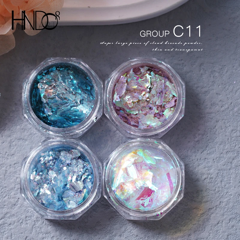 HNDO 2022 New 4 Pcs Reflective Opal Powder Set Glitter Nail Art Colorful Pigment Dust Iridescent Flakes Manicure Decor Design