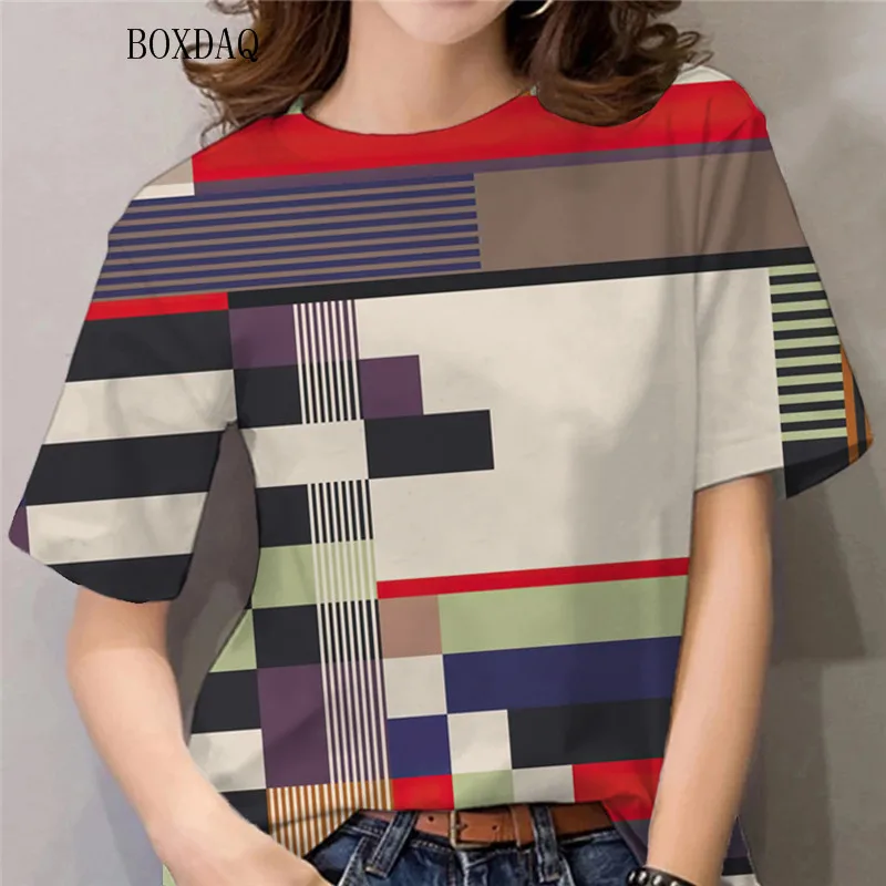 

Женские рубашки с коротким рукавом и принтом в клетку, летняя уличная одежда, пуловеры оверсайз, топы, свободные женские повседневные блузки с круглым вырезом