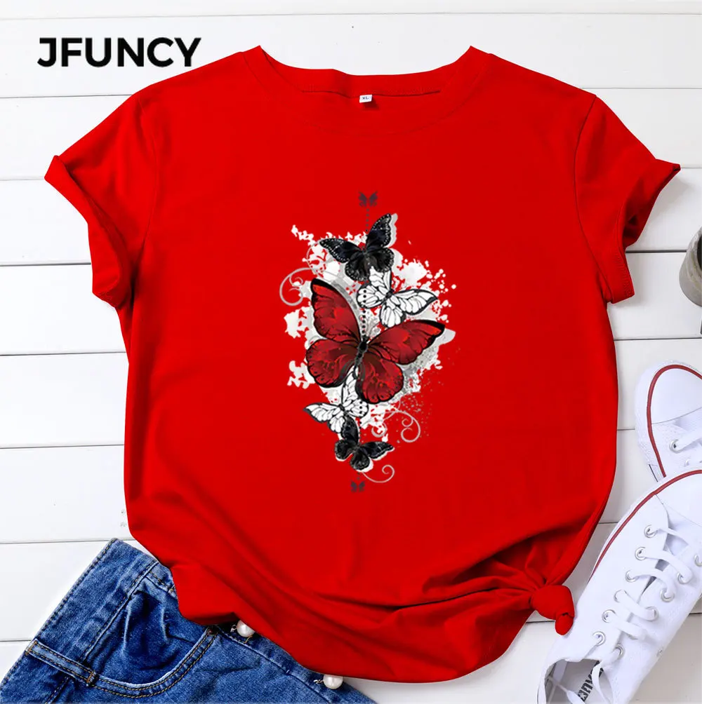 JFUNCY 2023 Summer Women T Shirt Woman Short Sleeve Cotton Tops Butterfly Print Tshirt  Casual Loose Female Tees