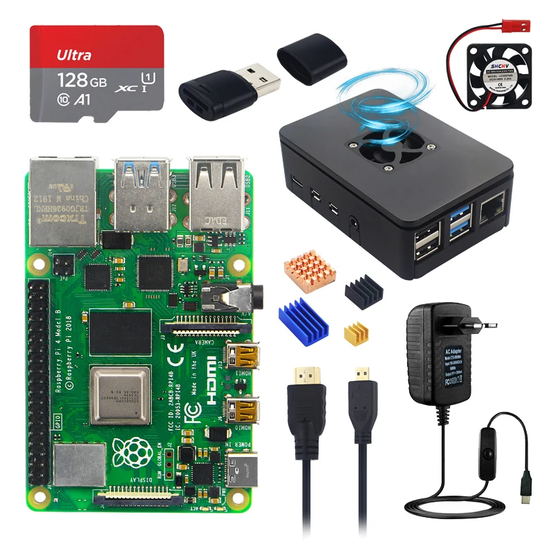 Original Raspberry pi Modelo b Kit gb Mais Case 32 64 128 gb tf Cartão Adaptador de Alimentação Ventilador Dissipador de Calor Cabo Vídeo para pi 4