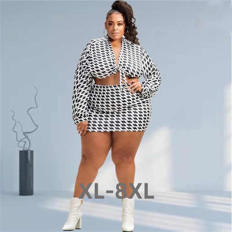 Plus Size Two Piece Set Women Clothing Long Sleeve Bandage Top High Waist Mini Skirts Sets Fall Clothes Whole 3xl 4xl 5xl 6xl