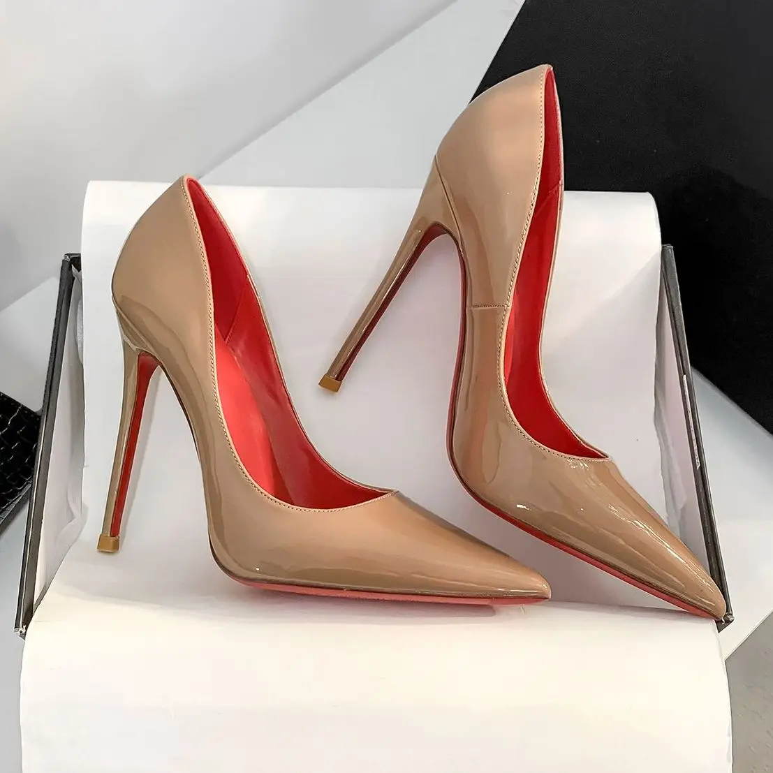 2022 New Genuine Leather Shoes For Women Red Shiny High Heel Shoes Pointed Toe Office Ladies Stiletto Pumps Sexy Dress Shoes 8cm