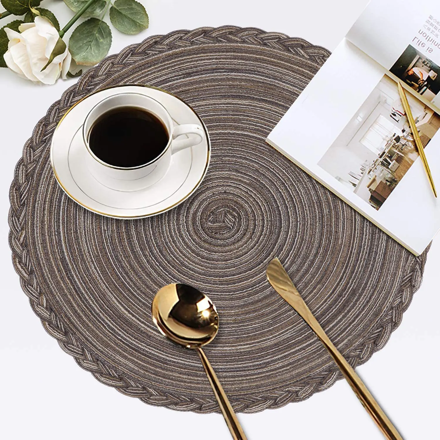

Kitchen Accessories Placement Pad Heat insulation anti scalding cup table mat round polyester Western food mat with braid