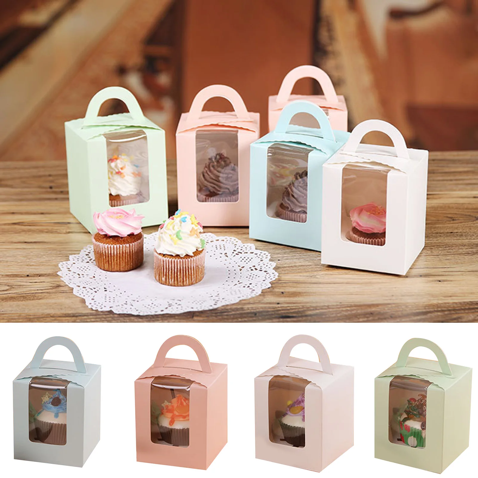 

50pcs Cupcake Box with Window and Handle Cake Carrier Small Cake Gift Container for Bakery Wedding Party Birthday Supply Bags