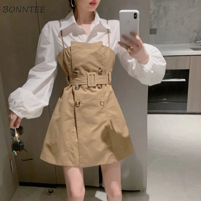 

Sleeveless Dress Women Double Breasted Korean Style Leisure Office Lady Sashes Mini Cozy Spaghetti Strap Fashion Femme Vestido
