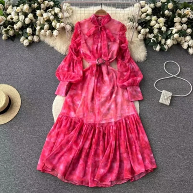 

Summer New High End Temperament Long Dress Women's Long Sleeves Stand Collar Floral Pleated Dress Female Clothing