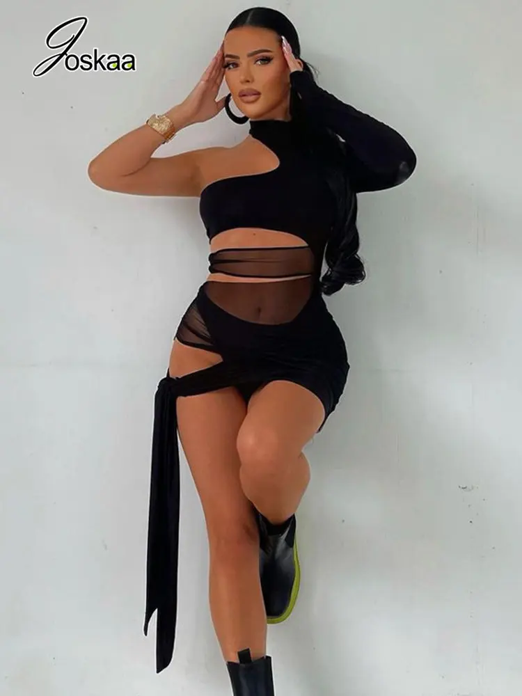 

Joskaa Mesh Patchwork Black Irregular Dress Sexy One Shoulder Long Sleeve Cut Out Mini Dresses for Women 2022 Party Clubwear