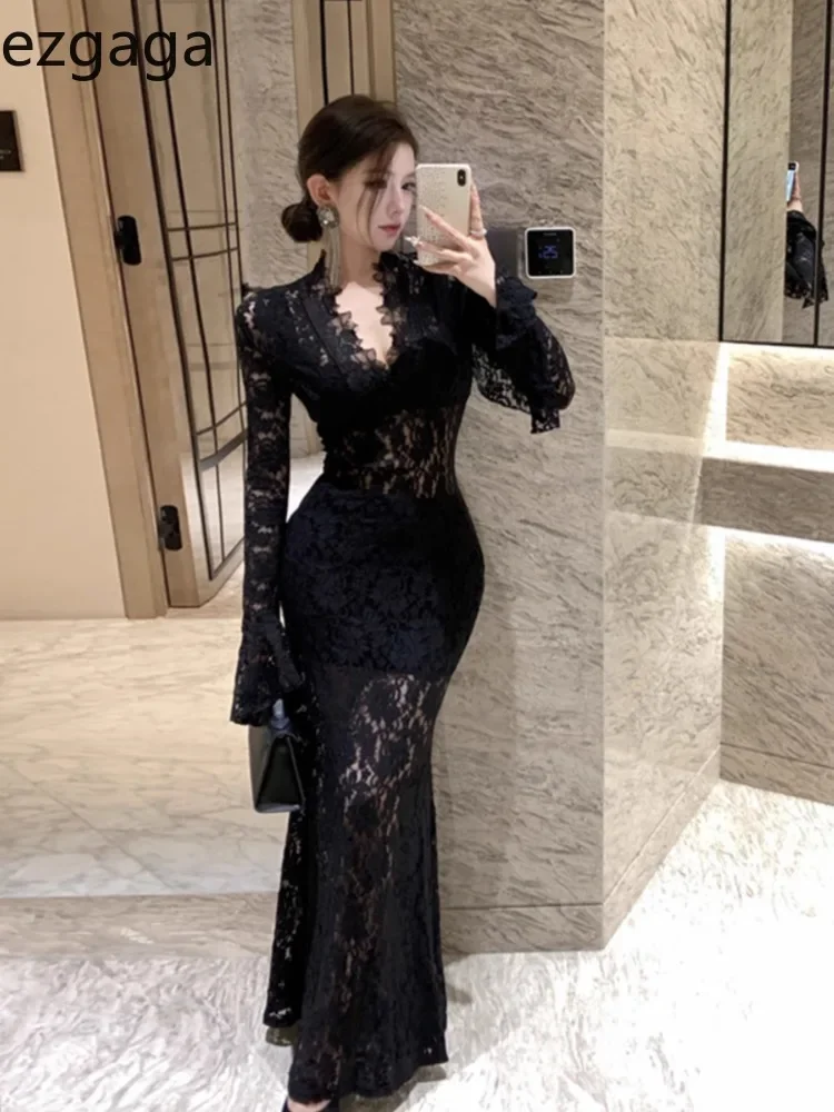 Ezgaga элегантные платья женские сексуальные с v-образным вырезом кружевные