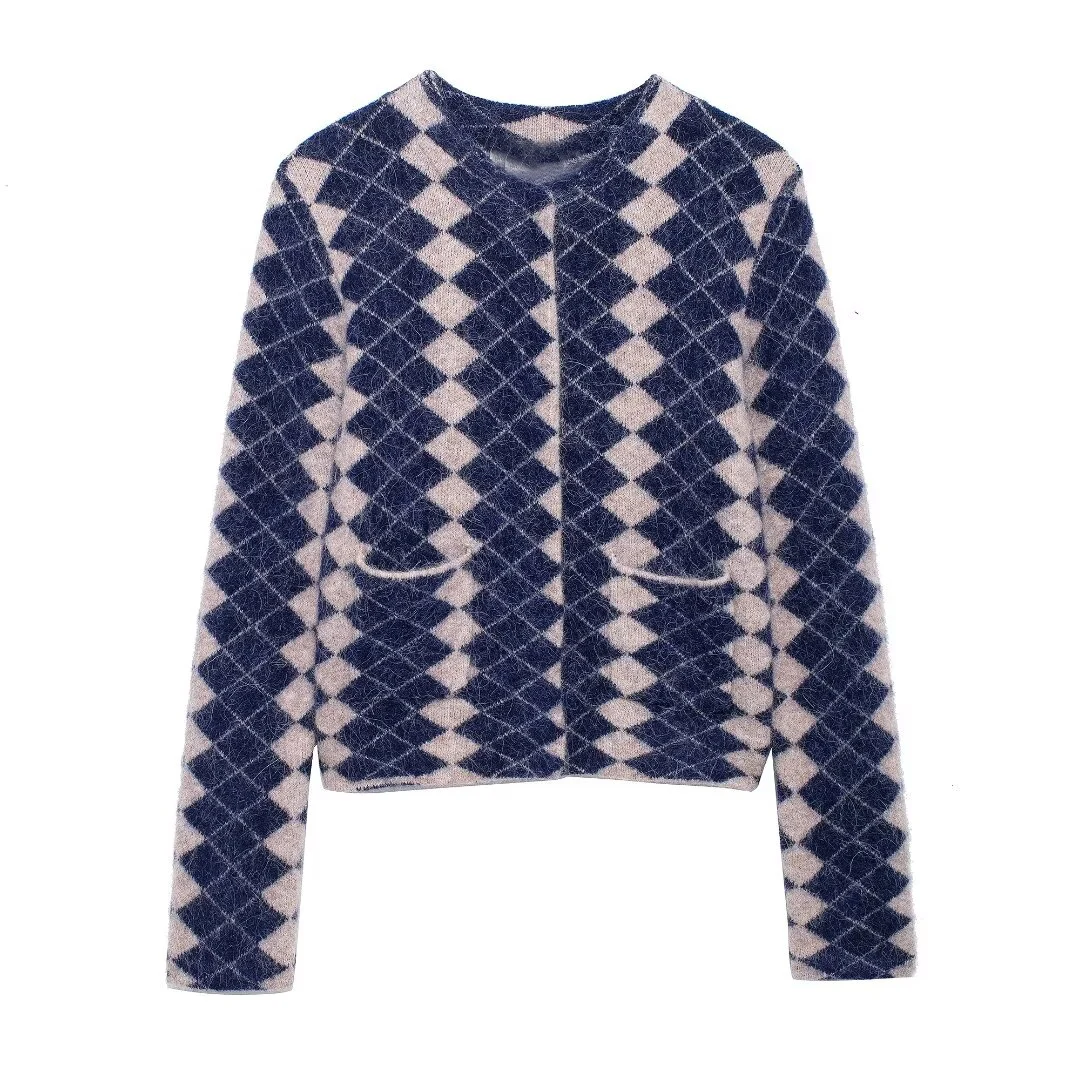 ZA женский осенне-зимний новый вязаный кардиган 2024 с круглым вырезом и