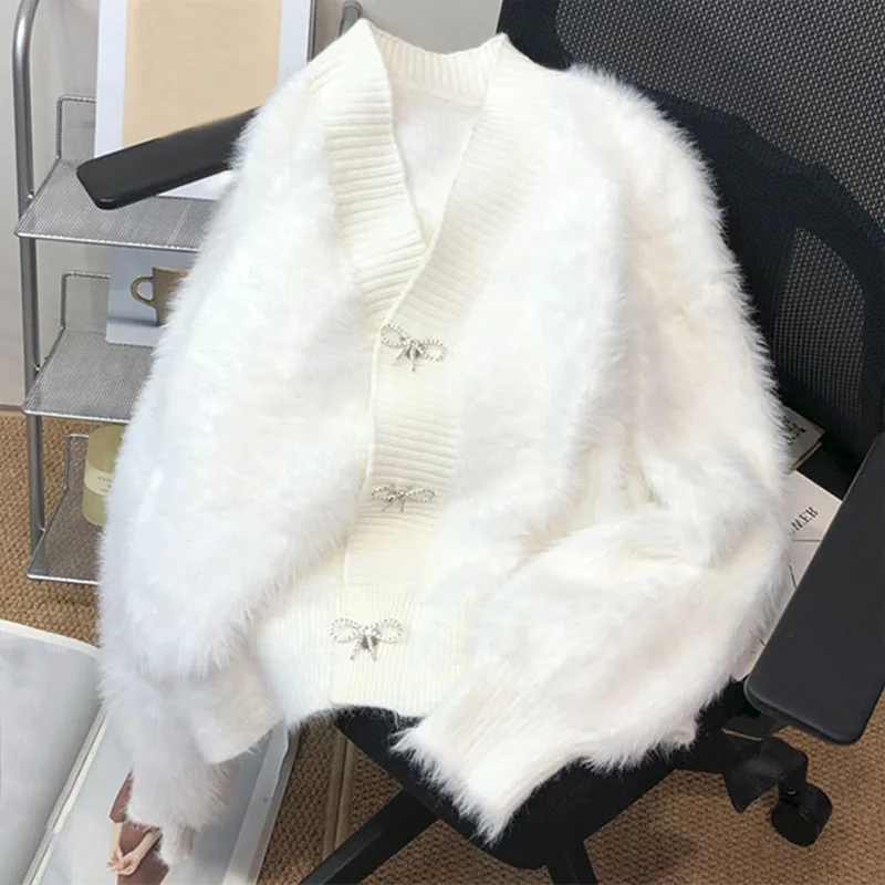 

Fluffy Imitation Mink Fur Cardigan For Woman Crop Knit Fashion Coat Women's Knitted Sweater Bowknot Rhinestone Button Outerwears