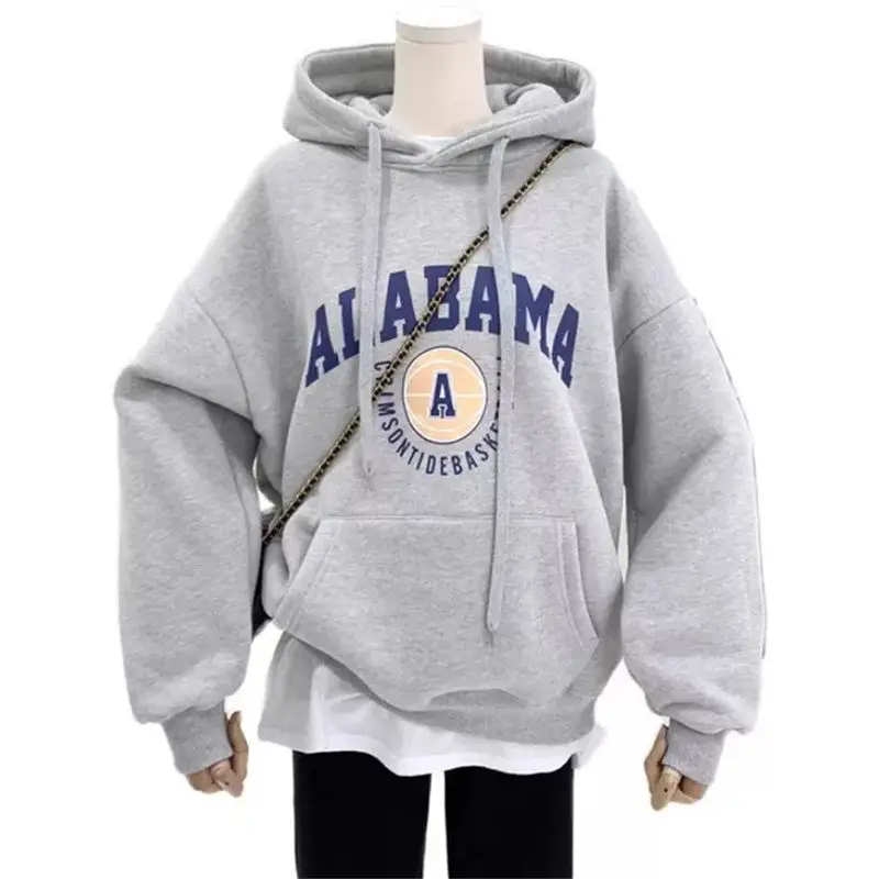 

New Light Gray Hooded Sweatshirt Women Plush Thicken Autumn Winter 2021 New Korean Trendy Letter Alabama Print Size Coat Female