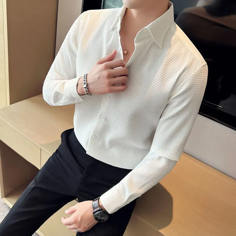 Autumn long-sleeved shirt men's Korean version of the waffle new trend business casual men's tailored senior shirt