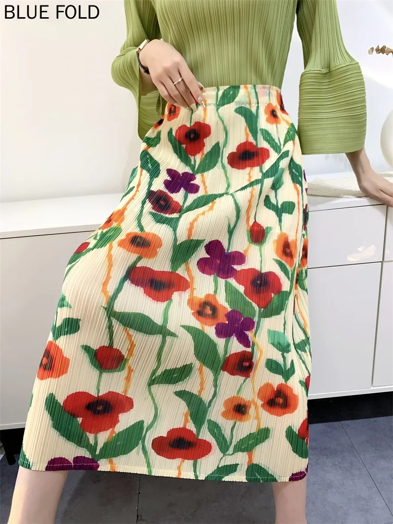 MIYAKE плиссированная юбка летняя женственная повседневная с разрезом и принтом