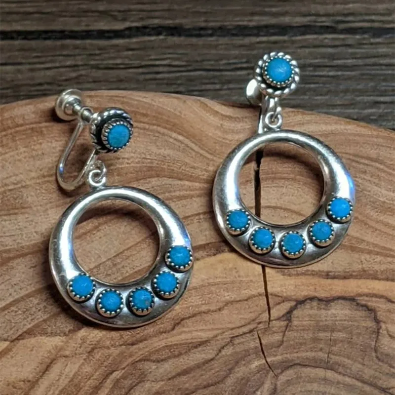 

Vintage Metal Ear Clip Stud Earrings Round Metal Faux Jewels Boho Jewelry Set