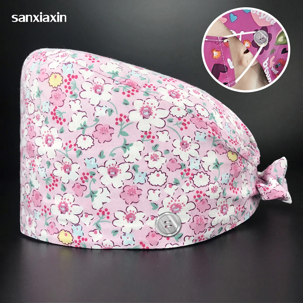 

Wholesale Scrub Cap Unisex 100%Cotton Flower Print Doctor Hats Breathable Adjustable Frosted Hat Medical Accessories Nursing Hat