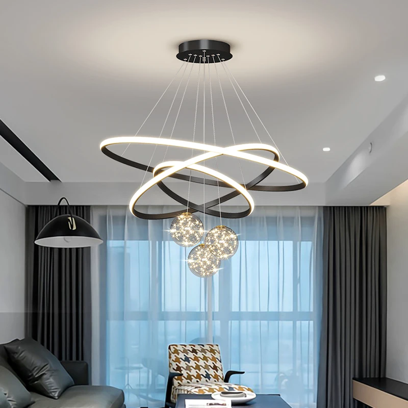 

Black Gold White Diameter 80cm 60cm Modern LED Pendant Lights Living Room Dining Bar Aluminum Body Glass Shade Pendant Lamp