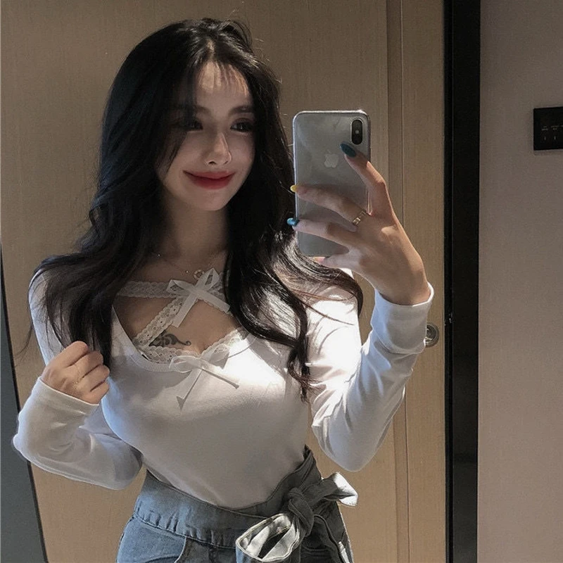 Блузка Женская Базовая с длинным рукавом Элегантная Модная кружевная рубашка