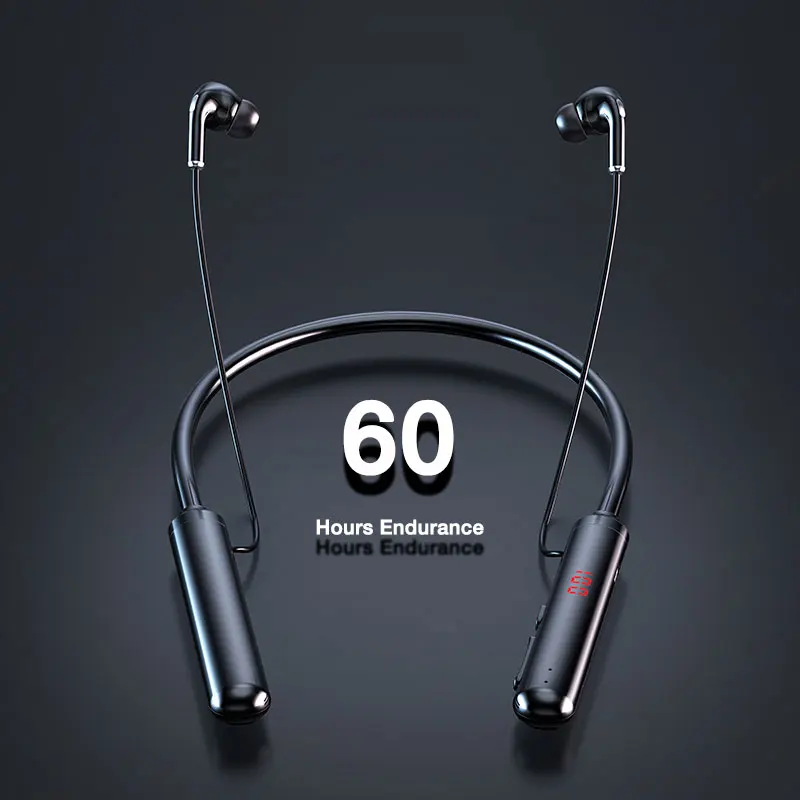 

60 Hours Endurance Bluetooth Headphones Stereo Bass Wireless Headphone Neckband Power LED Display Headset Card Magnet //