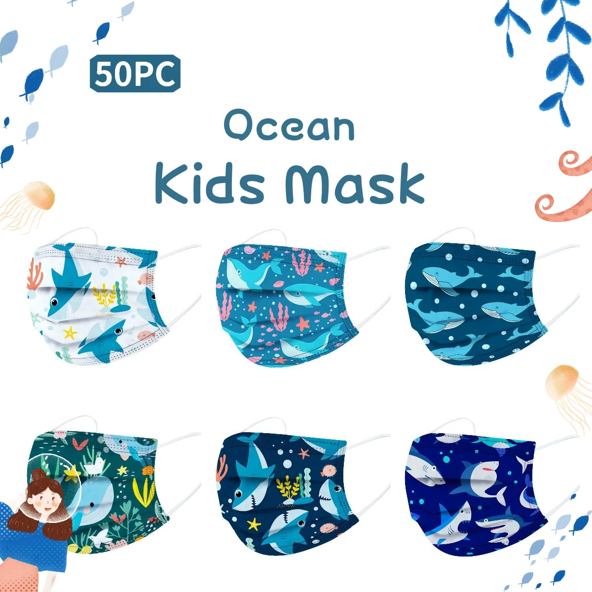 

50PC Disposable Children Mask Ocean Print 3ply Ear Loop Facemask Mascarillas Desechable Halloween Cosplay Mascherine Mondmasker