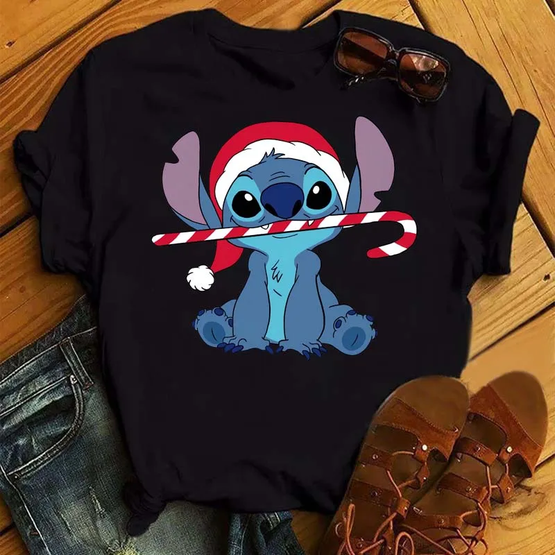 

New Lilo Stitch with Christmas Hat Fashion Printed T Shirt Women Kawaii Tops Funny Cartoon T-shirt Stitch Shirt Christmas Gifts